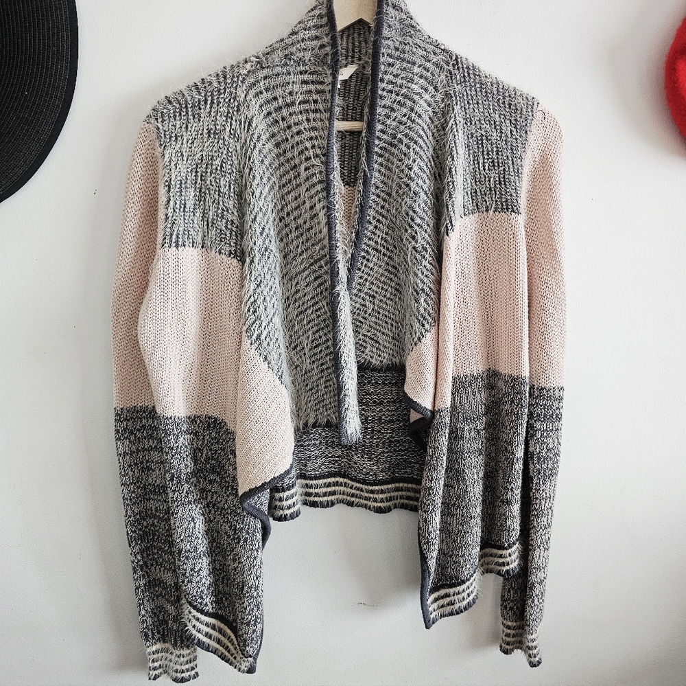 Candies Sweater Women's Pink Tri Blend Gray Soft Fuzzy Open Shawl Crop Top Cardi